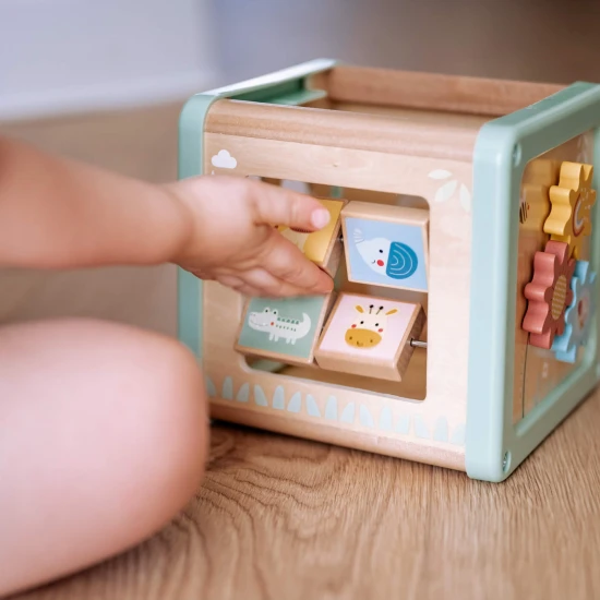 Fából készült motorkocka tevékenységekkel, Luka Pastel Tooky Toy játékkal