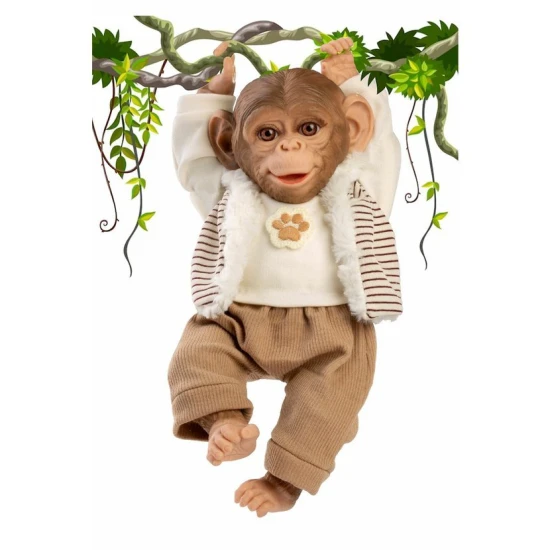 Aranyos majom baba puha szövettesttel bézs-barna szettben, kézzel készített Spanyolországban, 32 cm.