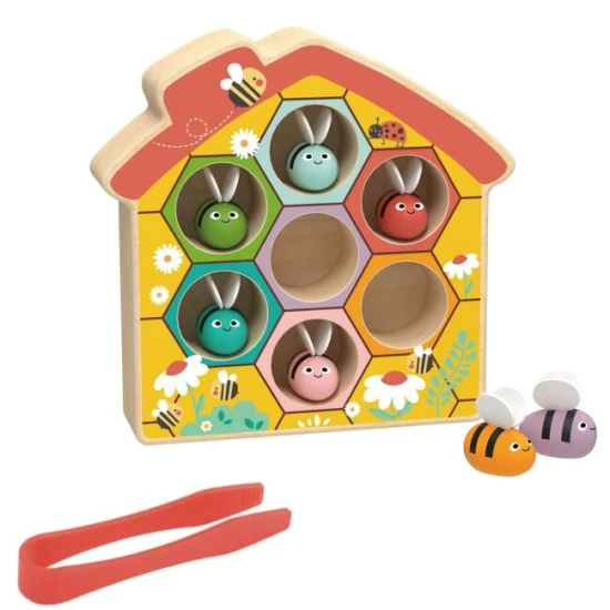 2Kids Toys Méhkaptár Montessori fajáték színes méhecskékkel és csipesszel a gyermekek motoros és vizuális készségeinek fejlesztésére.