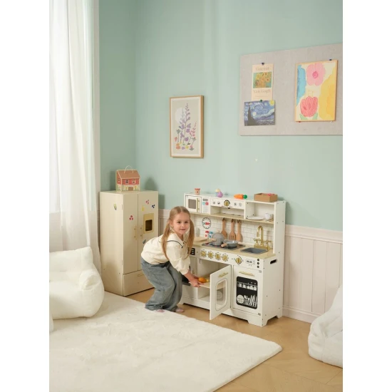 Gyerek konyha fából, nagy, lámpával és FSC fából készült kiegészítőkkel