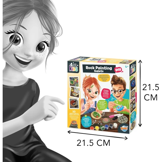 Kreatív kőfestő készlet festékekkel, ecsettel, matricákkal és markerekkel, ideális kreatív projektekhez gyerekeknek és felnőtteknek.
