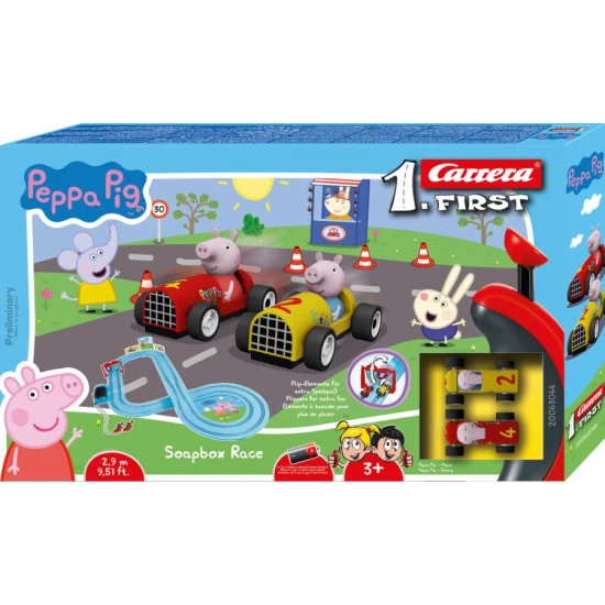 Carrera ELSŐ pálya Peppa Pig Peppa és Tom autókkal egy 2,9 m hosszú pályán.