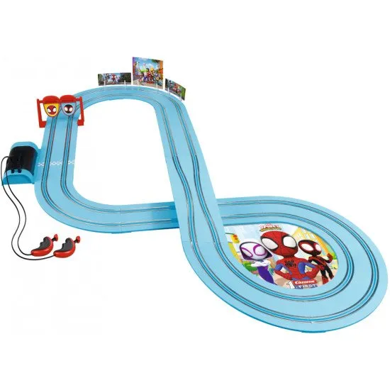 Carrera FIRST Spidey Go Webs Go autópálya Spidey és Spin autókkal egy 2,9 m hosszú pályán.