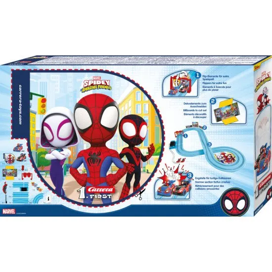 Carrera FIRST Spidey Go Webs Go autópálya Spidey és Spin autókkal egy 2,9 m hosszú pályán.