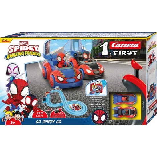 Carrera FIRST Spidey Go Webs Go autópálya Spidey és Spin autókkal egy 2,9 m hosszú pályán.