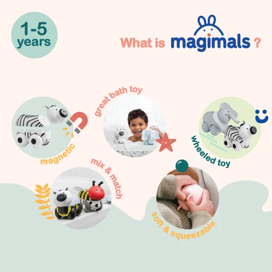 Mágneses állatok Varázslatos Wheely Zebra / Elefánt