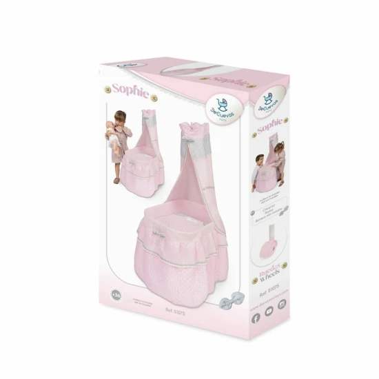 Mobilágy babáknak DeCuevas 51075 baldachinnal és paplannal a Sophie 2025 kollekcióból, lágy rózsaszín kivitelben.