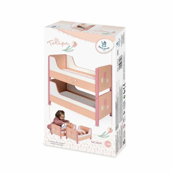 Tulipe DeCuevas 2 az 1-ben fa babaágy pasztell színekkel és tulipán motívummal
