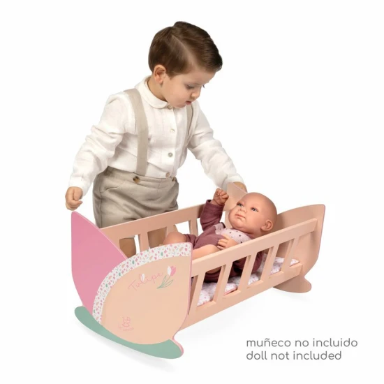 DeCuevas bölcső a DeCuevas Tulipe babákhoz Tulipe DeCuevas fa baba bölcső pasztell mintával és tulipán motívumokkal