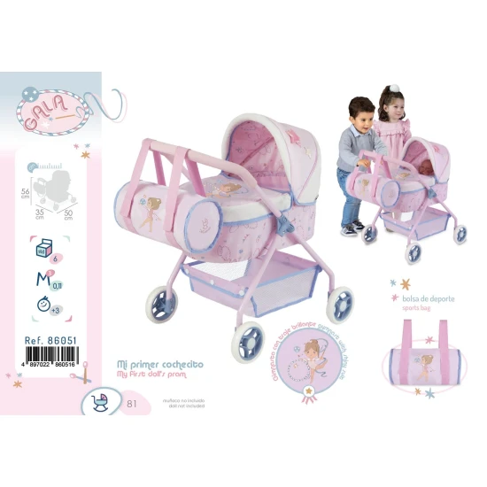 DeCuevas 86051 Az első babakocsim GALA 2023 táskával, rózsaszín és fehér torna motívummal és sporttáskával, tökéletes 3 éves kor feletti kislányoknak.
