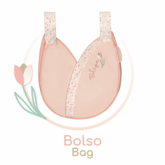 DeCuevas Deep babakocsi hátizsákkal DeCuevas Tulipe 68 cm DeCuevas Tulipe 2025 babakocsi pasztell színekben tulipános mintával, lengőrugóval és összecsukható üléssel.