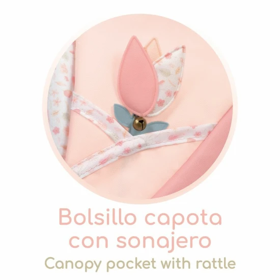DeCuevas Deep babakocsi hátizsákkal DeCuevas Tulipe 68 cm DeCuevas Tulipe 2025 babakocsi pasztell színekben tulipános mintával, lengőrugóval és összecsukható üléssel.