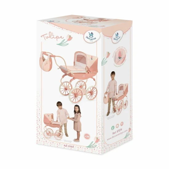 DeCuevas Deep babakocsi hátizsákkal DeCuevas Tulipe 68 cm DeCuevas Tulipe 2025 babakocsi pasztell színekben tulipános mintával, lengőrugóval és összecsukható üléssel.