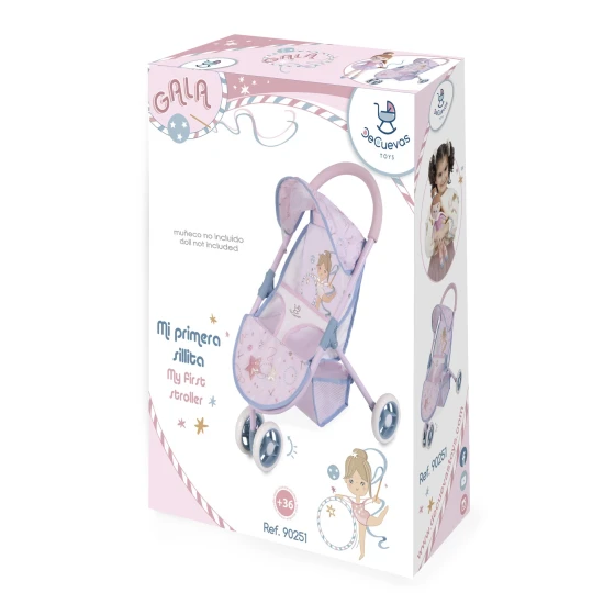 DeCuevas 90251 Sportos háromkerekű babakocsi GALA 2023 babákhoz, rózsaszín és fehér kivitelben, nyomott sportelemekkel és egy kis tornával, 46 cm-es babáknak megfelelő.