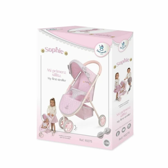 DeCuevas Háromkerekű sport babakocsi babákhoz DeCuevas Sophie 55 cm DeCuevas 90275 90275 Sophie 2025 baba háromkerekű sportbaba pasztell színekben, forgatható kerekekkel és tárolóhellyel.