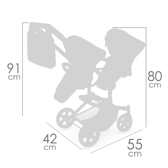 DeCuevas Összecsukható babakocsi iker babákhoz hátizsákkal DeCuevas Sophie 91 cm DeCuevas 90875 Sophie 2025 összecsukható babakocsi ikreknek, kivehető kosarakkal és állítható fogantyúval pasztell színekben.