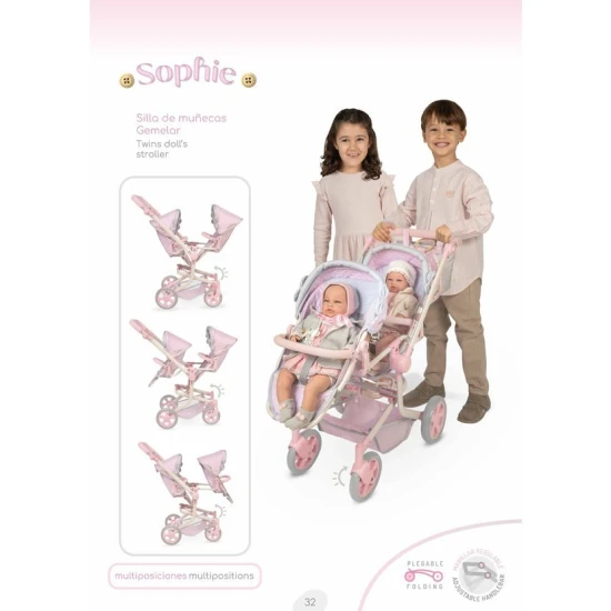 DeCuevas Összecsukható babakocsi iker babákhoz hátizsákkal DeCuevas Sophie 91 cm DeCuevas 90875 Sophie 2025 összecsukható babakocsi ikreknek, kivehető kosarakkal és állítható fogantyúval pasztell színekben.