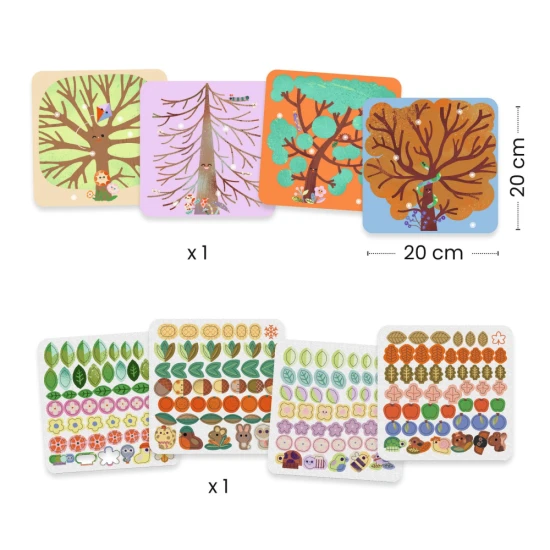 Gyermekeknek szóló kreatív játék Évszakok filcmatricákkal és négy illusztrált jelenettel.