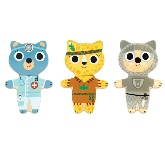 Rakj össze egy aranyos kiscicát. A fa kirakós darabjai egy ház alakú fadobozban vannak tárolva.