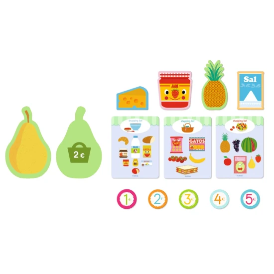 Bevásárlókészlet gyerekeknek: élelmiszerek, érmék, pénztárca és számológép