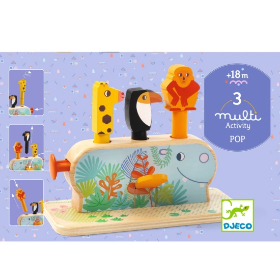 Baba színű, fából készült motoros játék felugró állatokkal