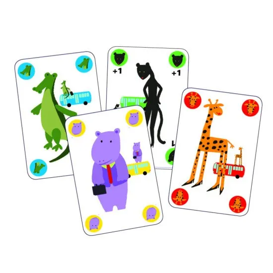 Gorilla játék, amelyben a játékosok úgy szabadulnak meg a kártyáktól, hogy helyesen párosítják az állatok vagy buszok színeit, miközben elkerülik a gorillát.
