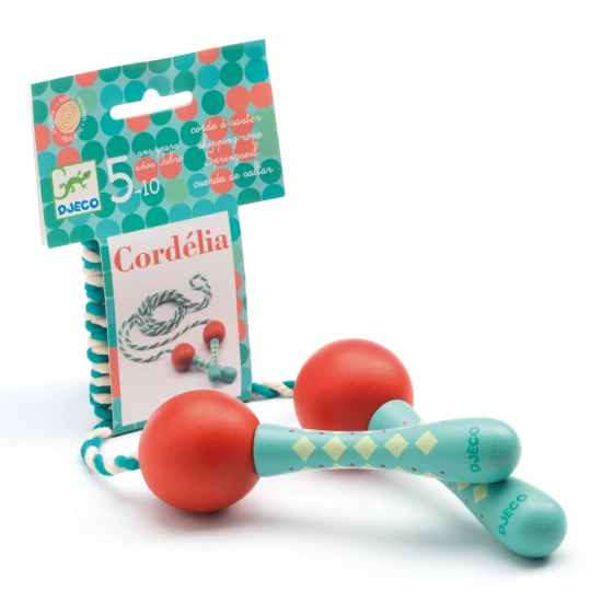 Stílusos ugrókötél jellegzetes fa fogantyúkkal és kétszínű pamutkötéllel.