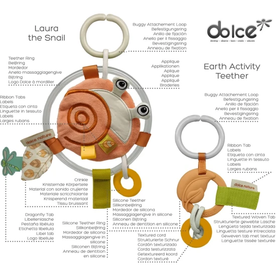 Függő szenzoros játék Csiga és szilikon fogazó az érzékszervi fejlesztéshez Dolce
