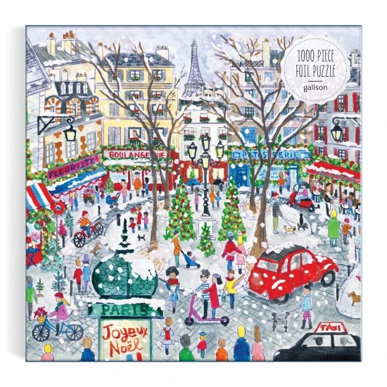 Galison Karácsonyi Párizs Puzzle 1000 darabos Michael Storrings fólia kirakója a karácsony örömét ábrázolja Párizs utcáin.