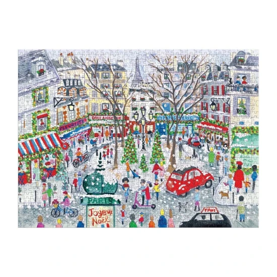 Galison Karácsonyi Párizs Puzzle 1000 darabos Michael Storrings fólia kirakója a karácsony örömét ábrázolja Párizs utcáin.