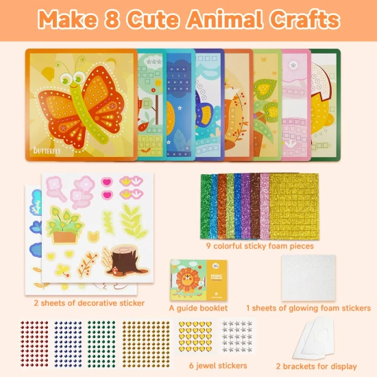 Jarmelo Mozaika - Állatok, 8 db kártya, hab mozaikdarabok és csillogó kövek a gyerekek alkotómunkájához