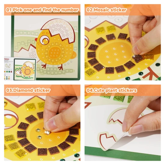 Jarmelo Mozaika - Állatok, 8 db kártya, hab mozaikdarabok és csillogó kövek a gyerekek alkotómunkájához