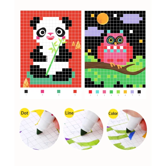 Jarmelo Pixel Art Animals - kifestőkönyv 16 előre nyomtatott pixel állattal gyerekeknek