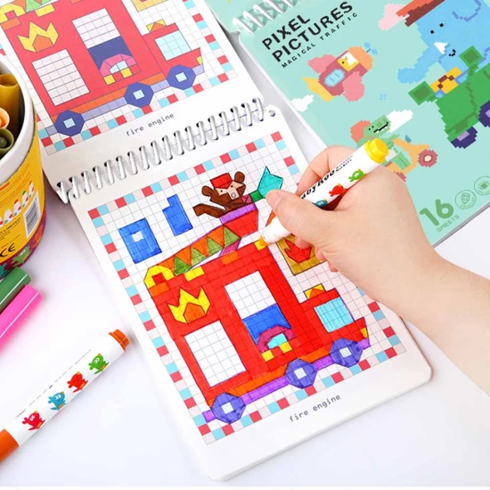 Jarmelo Pixel Art Vehicles – kifestőkönyv 16 előre nyomtatott pixel állattal gyerekeknek