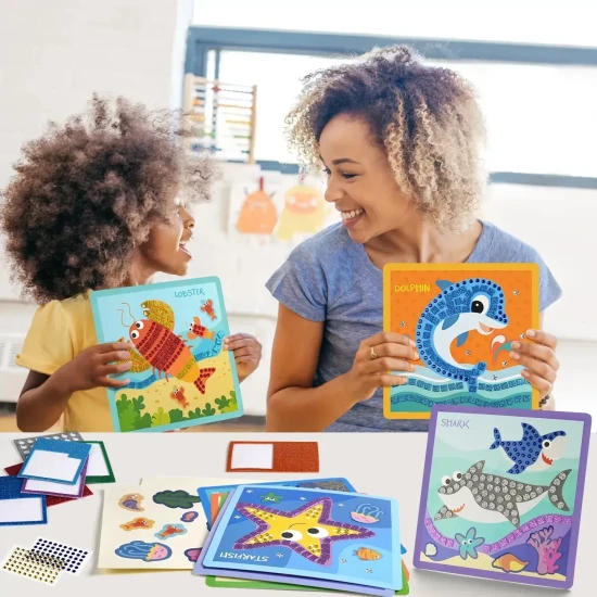 Jarmelo Mozaika - Utazás az óceánon, 8 kártya, hab mozaikdarabok és csillogó kövek a gyerekek kreatív munkájához