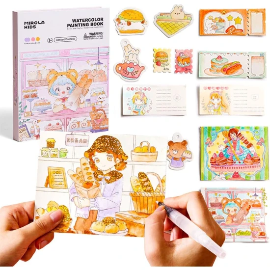 Jarmelo vízfestmény - Desszert hercegnő, könyv 8 színnel, 2 ecsettel és színező oldalakkal tele hercegnőkkel