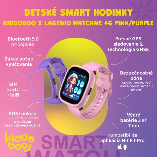 Kiddoboo x Lagenio WatchMe 4G gyerek okosóra rózsaszín-lila színben kijelzővel, kamerával és SOS funkcióval - biztonságos és játékos kiegészítő gyerekeknek.