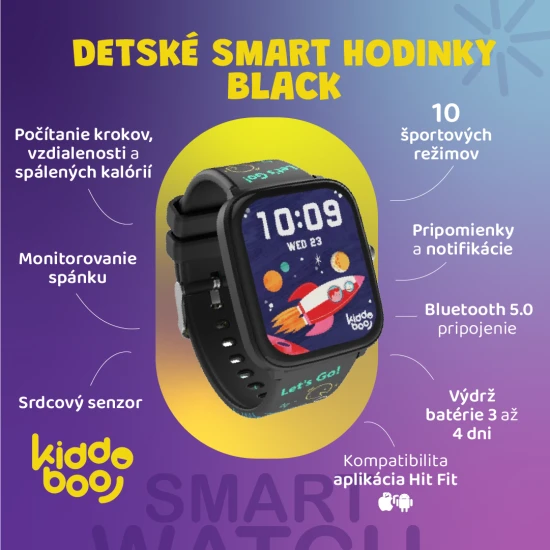 Fekete Kiddoboo fekete gyerek okosóra, különféle napi tevékenységek figyelésével, színes kijelzővel és kényelmes szíjjal