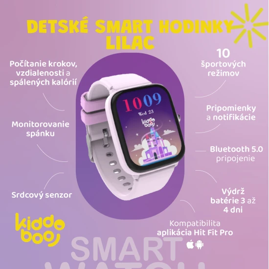 Lila Kiddoboo Lilac okosóra gyerekeknek, különféle napi tevékenységek figyelésével, színes kijelzővel és kényelmes szíjjal.​