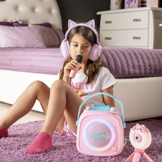 Pink gyerek Kiddoboo bluetooth karaoke szett mikrofon és hangszóró KidsVoice Pink RGB világítással és szórakoztató effektusokkal 3 éves kortól.