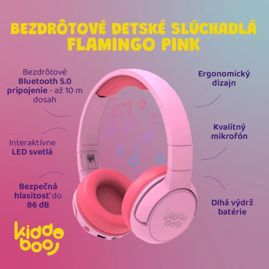Vezeték nélküli gyerekfejhallgató Kiddoboo Flamingo Pink LED lámpával és kiváló minőségű mikrofonnal - biztonságos és stílusos fejhallgató 6 éves kortól gyerekeknek.