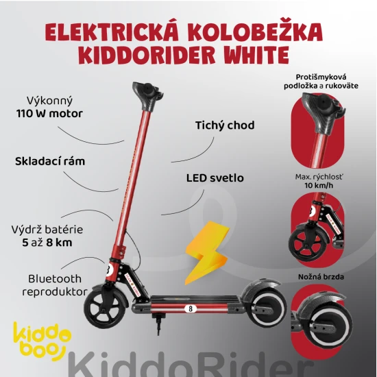 Piros elektromos gyerekrobogó Kiddoboo KiddoRacer csúszásmentes szőnyeggel, LED lámpával és összecsukható kerettel - ideális gyerekeknek 6 éves kortól.