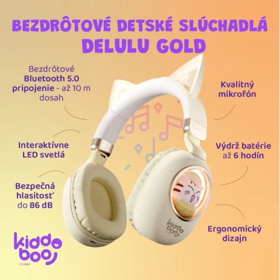 Vezeték nélküli gyerekfejhallgató Kiddoboo Delulu Gold LED lámpával és macskafülekkel - biztonságos és stílusos fejhallgató gyerekeknek 7 éves kortól.