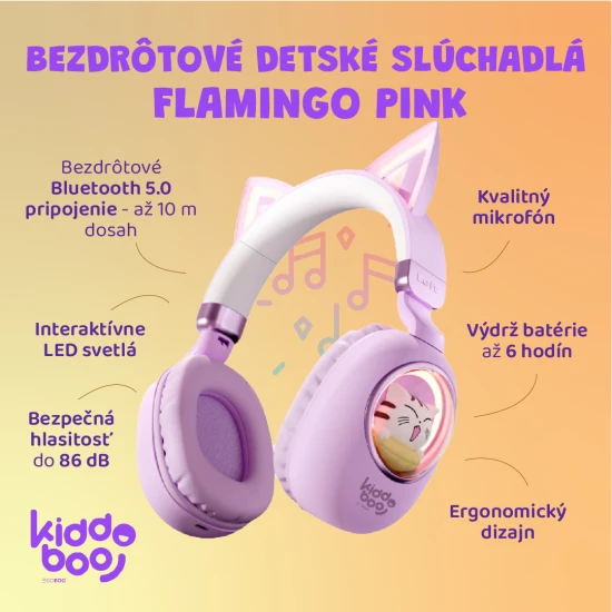 Vezeték nélküli gyerekfejhallgató Kiddoboo Delulu Lavender LED lámpával és macskafülekkel - biztonságos és stílusos fejhallgató gyerekeknek 7 éves kortól.