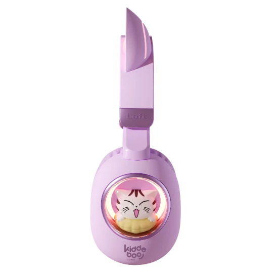 Vezeték nélküli gyerekfejhallgató Kiddoboo Delulu Lavender LED lámpával és macskafülekkel - biztonságos és stílusos fejhallgató gyerekeknek 7 éves kortól.