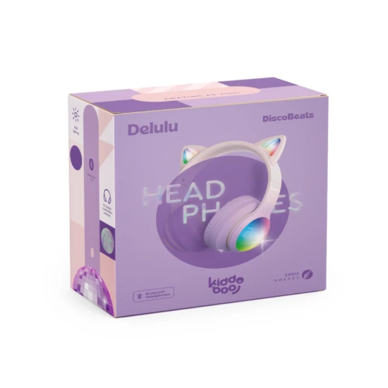Vezeték nélküli gyerekfejhallgató Kiddoboo Delulu Lavender LED lámpával és macskafülekkel - biztonságos és stílusos fejhallgató gyerekeknek 7 éves kortól.