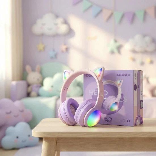 Vezeték nélküli gyerekfejhallgató Kiddoboo Delulu Lavender LED lámpával és macskafülekkel - biztonságos és stílusos fejhallgató gyerekeknek 7 éves kortól.