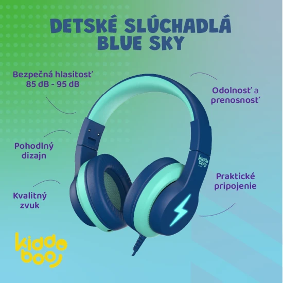 Kiddoboo gyerekfejhallgató Blue Sky kellemes kék színben hangerő-korlátozással és kényelmes kialakítású gyerekeknek 6 éves kortól.
