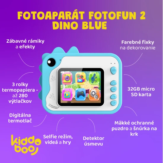 FotoFun Dino Blue fényképezőgép - kék azonnali kamera gyerekeknek azonnali nyomtatással, színes markerekkel és szórakoztató képkeretekkel.