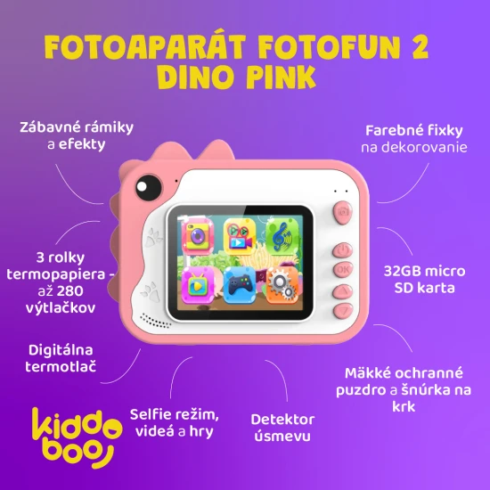 Gyerekkamera Kiddoboo FotoFun 2 Dino Pink - rózsaszín azonnali kamera gyerekeknek azonnali nyomtatással, színes markerekkel és szórakoztató képkeretekkel.